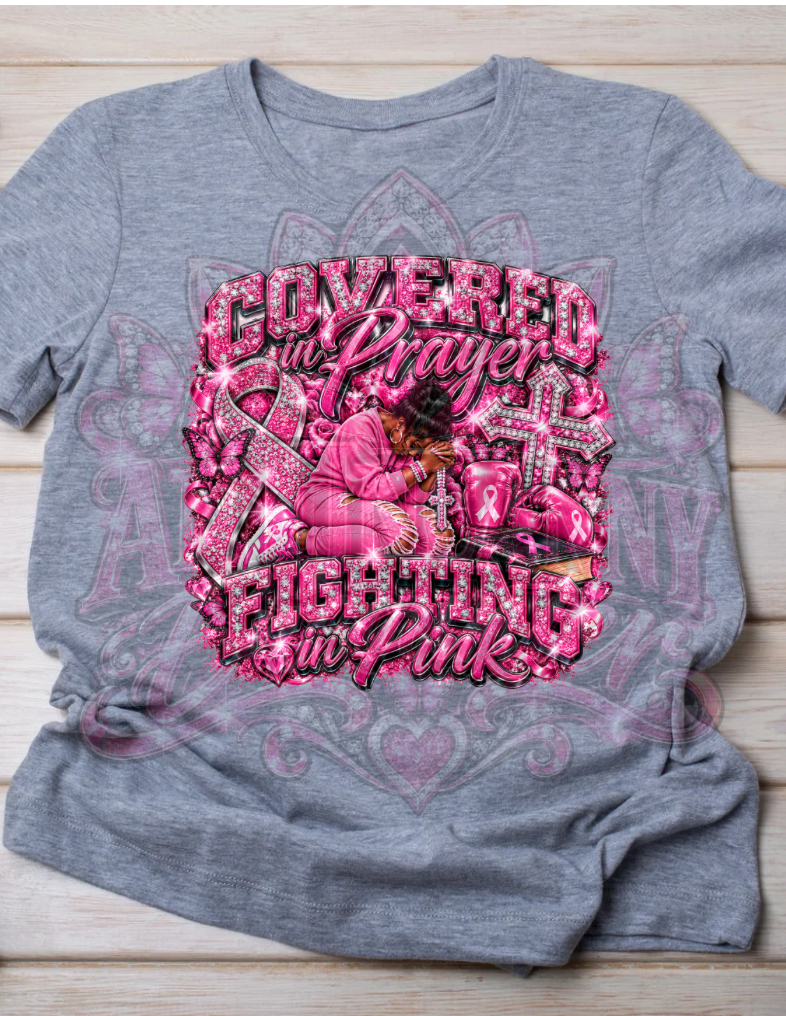 Covered in prayer fighting in pink shirt